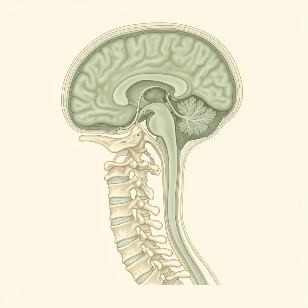 Illustration of the C1 atlas and C2 axis vertebrae and brainstem