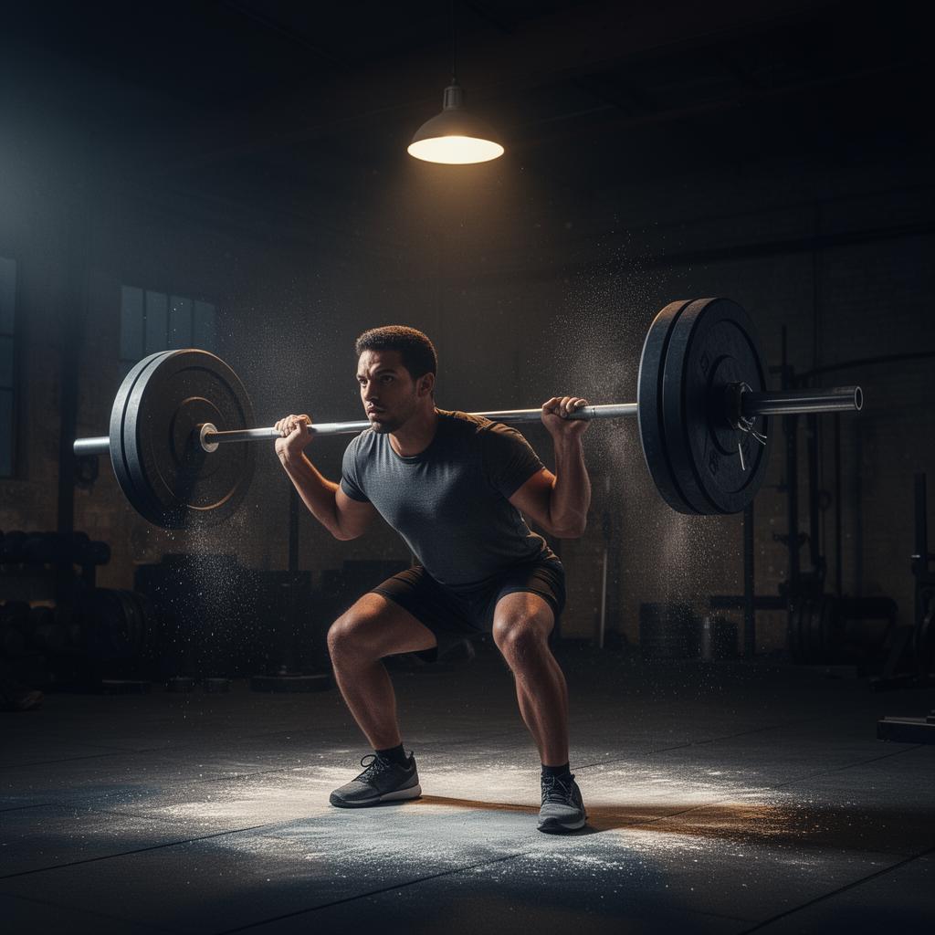 Athlete mid-squat under a barbell