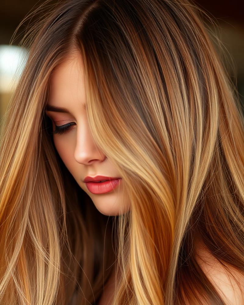 Honey balayage with soft caramel dimension on long brunette hair
