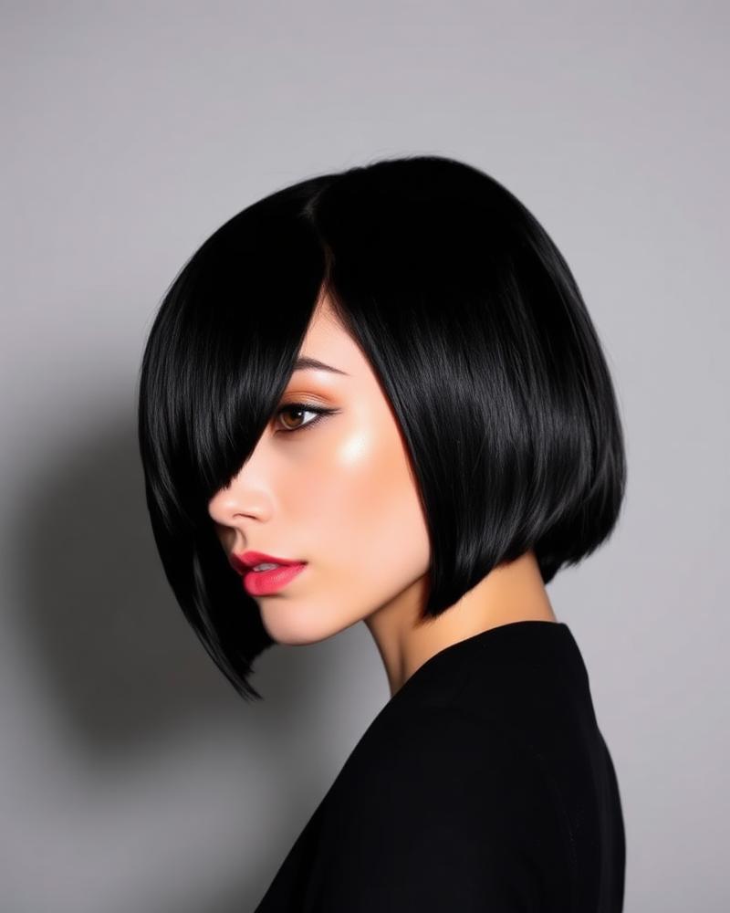 Sharp glossy black bob with side-swept fringe