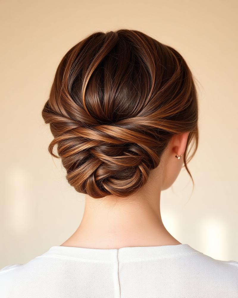 Soft woven low chignon updo for a bridal event