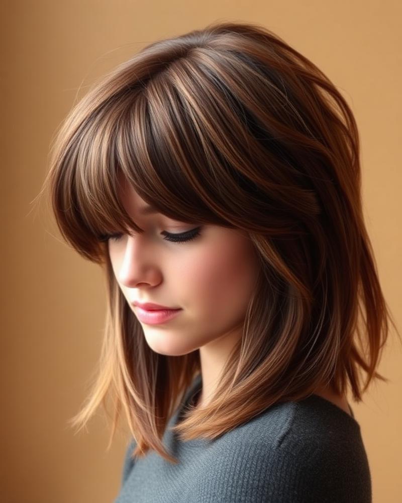 Modern textured shag with curtain bangs in warm brown