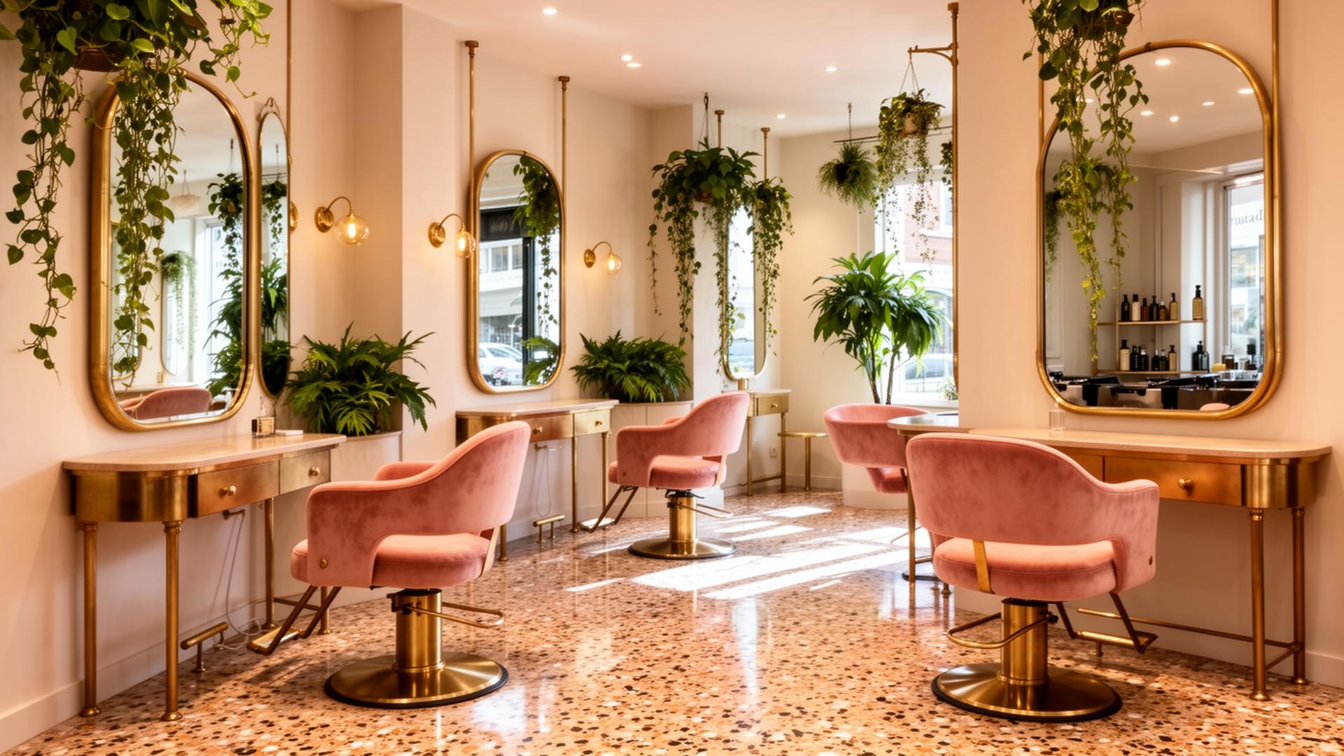 Warm interior of Noir & Honey salon with terrazzo floors, brass mirrors, and blush chairs