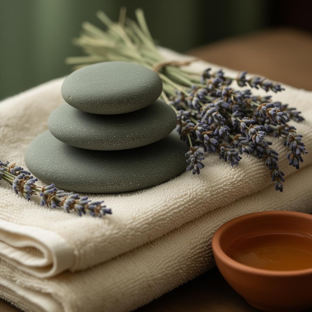 Smooth basalt stones and dried lavender on cream towels