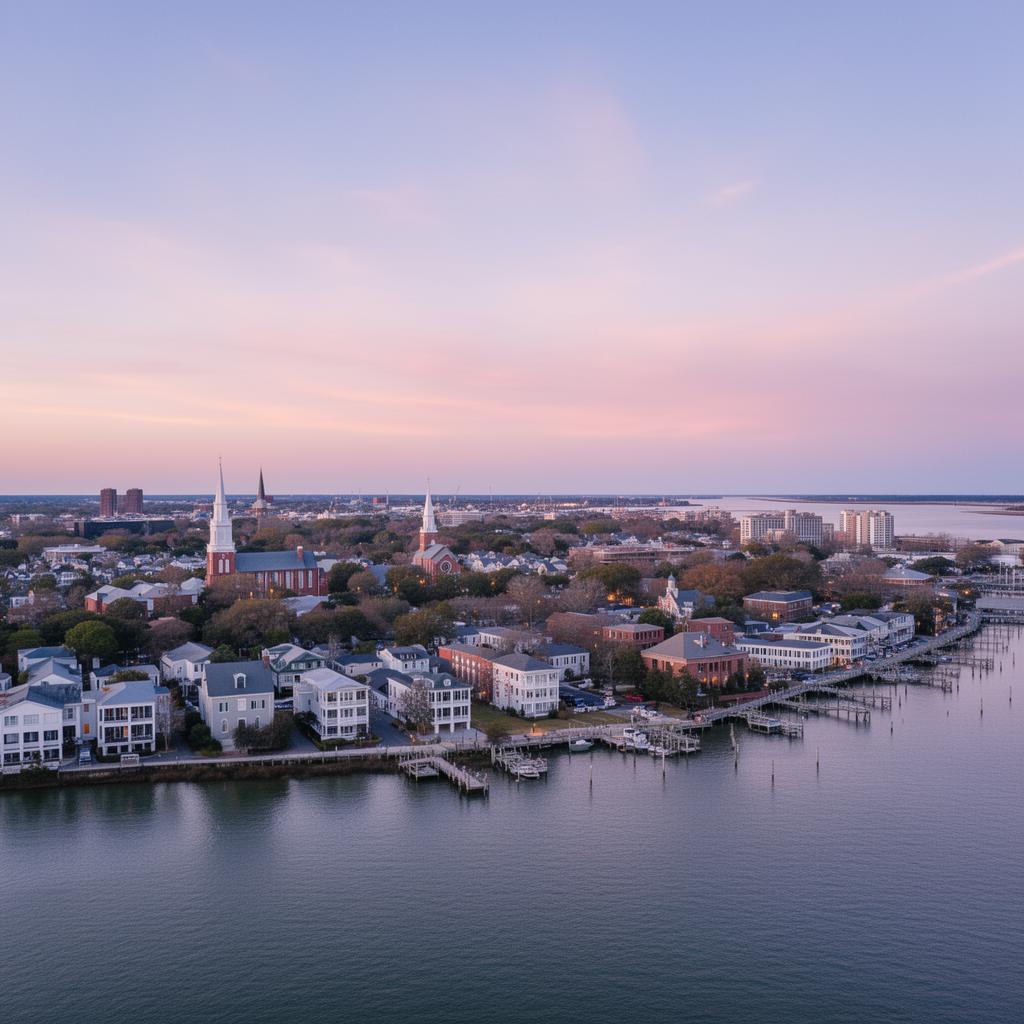 Twilight aerial of the Charleston peninsula