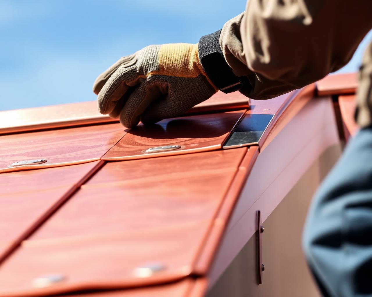 A Summit Ridge crew member installing a copper standing seam panel