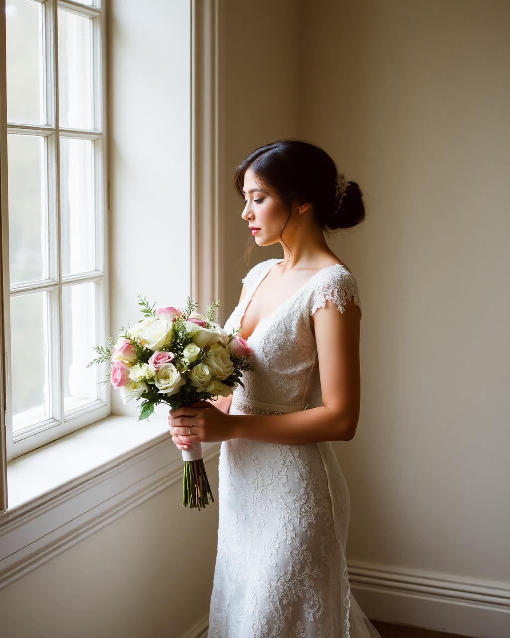 Bride in lace dress at the window