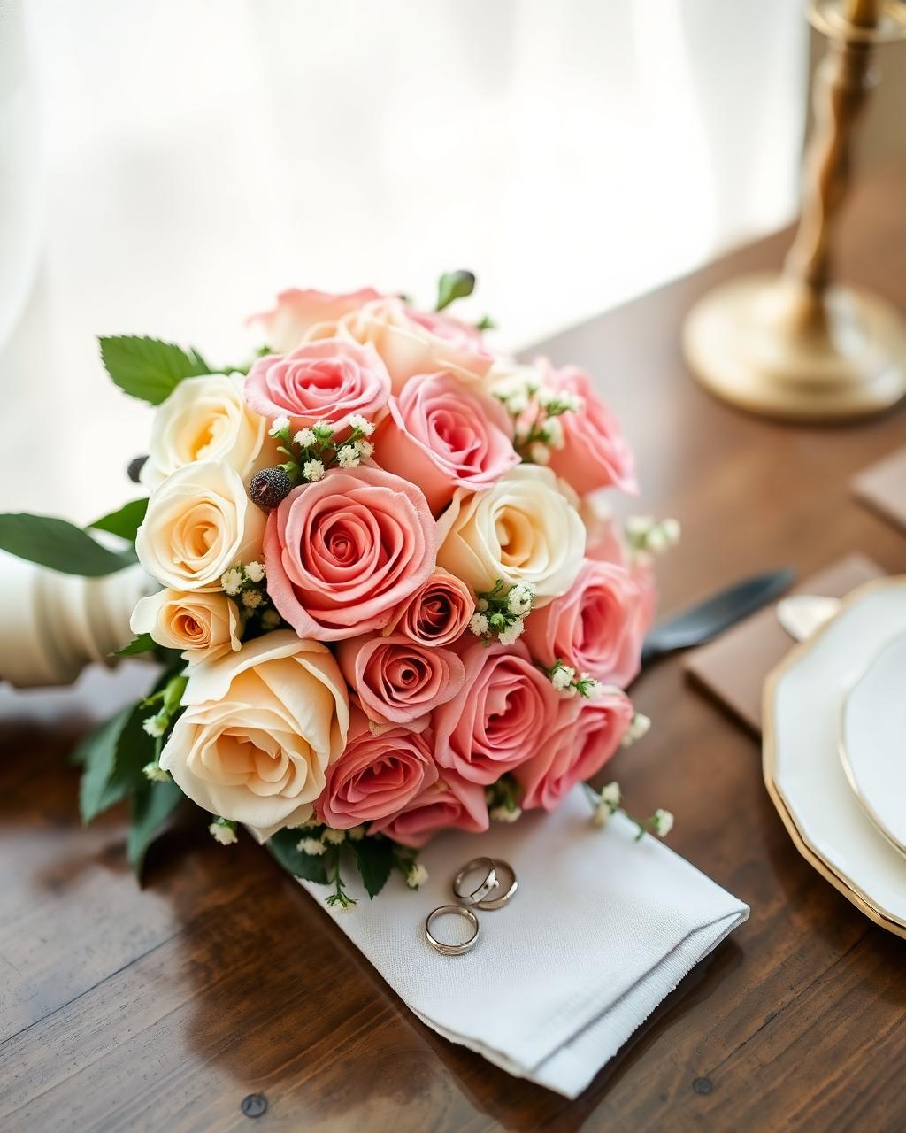 Bridal bouquet on linen napkin