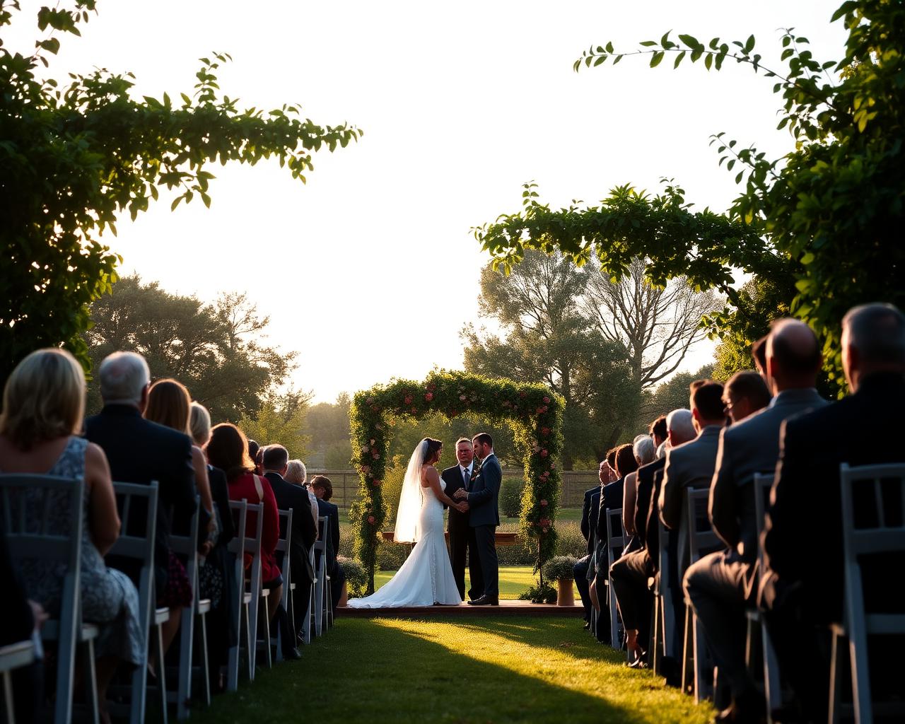 Outdoor ceremony under a greenery arch