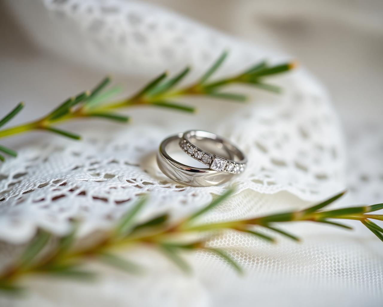 Wedding rings on lace fabric